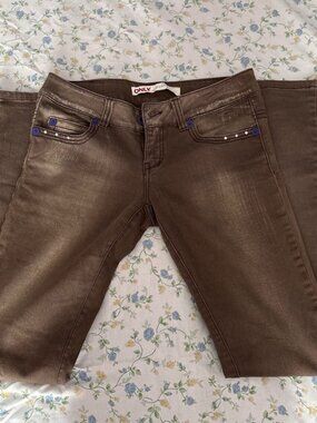 2000s ONLY y2k low rise jeans with purple detailing and rhinestones
